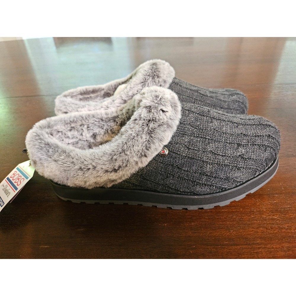 BOBS Skechers Keepsakes Ice Angel Slippers Women 9 Grey Cable Knit Faux Fur NEW